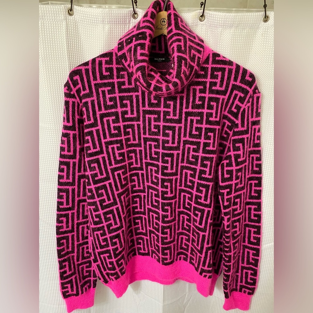 Balmain Pink and Black Turtleneck Pullover Mohair Sweater